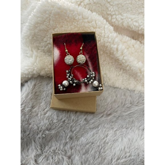 Black/White Beaded Hoop / White Rhinestone Round Dangle Earrings - 2 Pairs - Picture 9 of 12